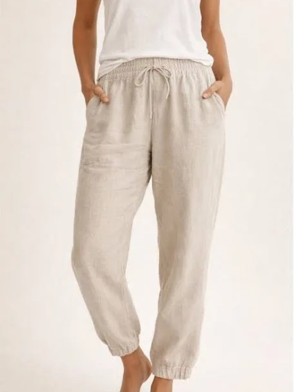 Relaxed Drawstring Linen-Blend Jogger Pants in Natural